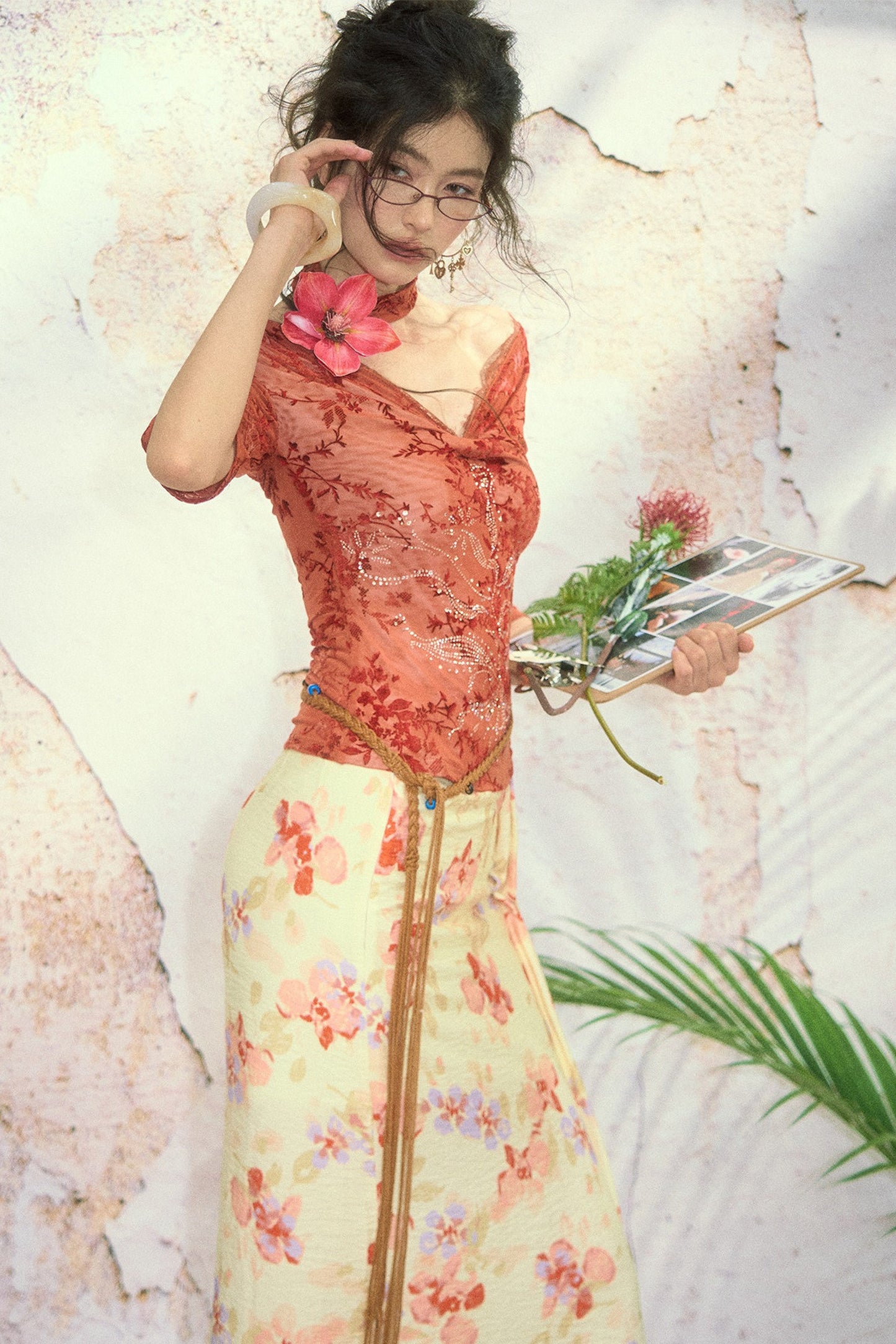 Floral Front Slit Straight Long Skirt