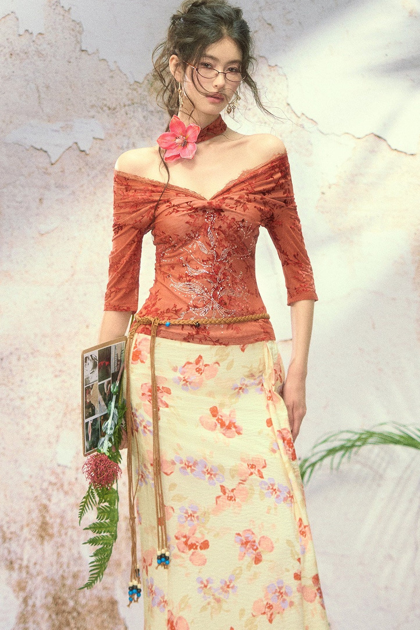 Floral Front Slit Straight Long Skirt