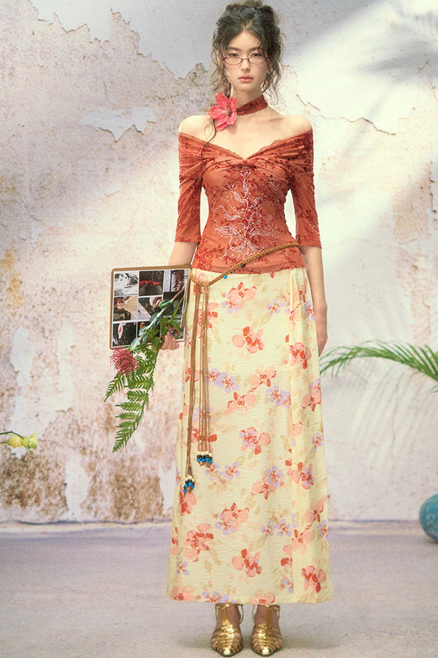 Floral Front Slit Straight Long Skirt