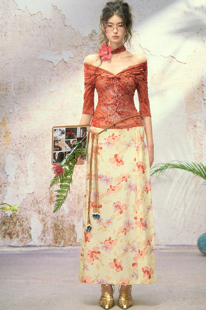 Floral Front Slit Straight Long Skirt