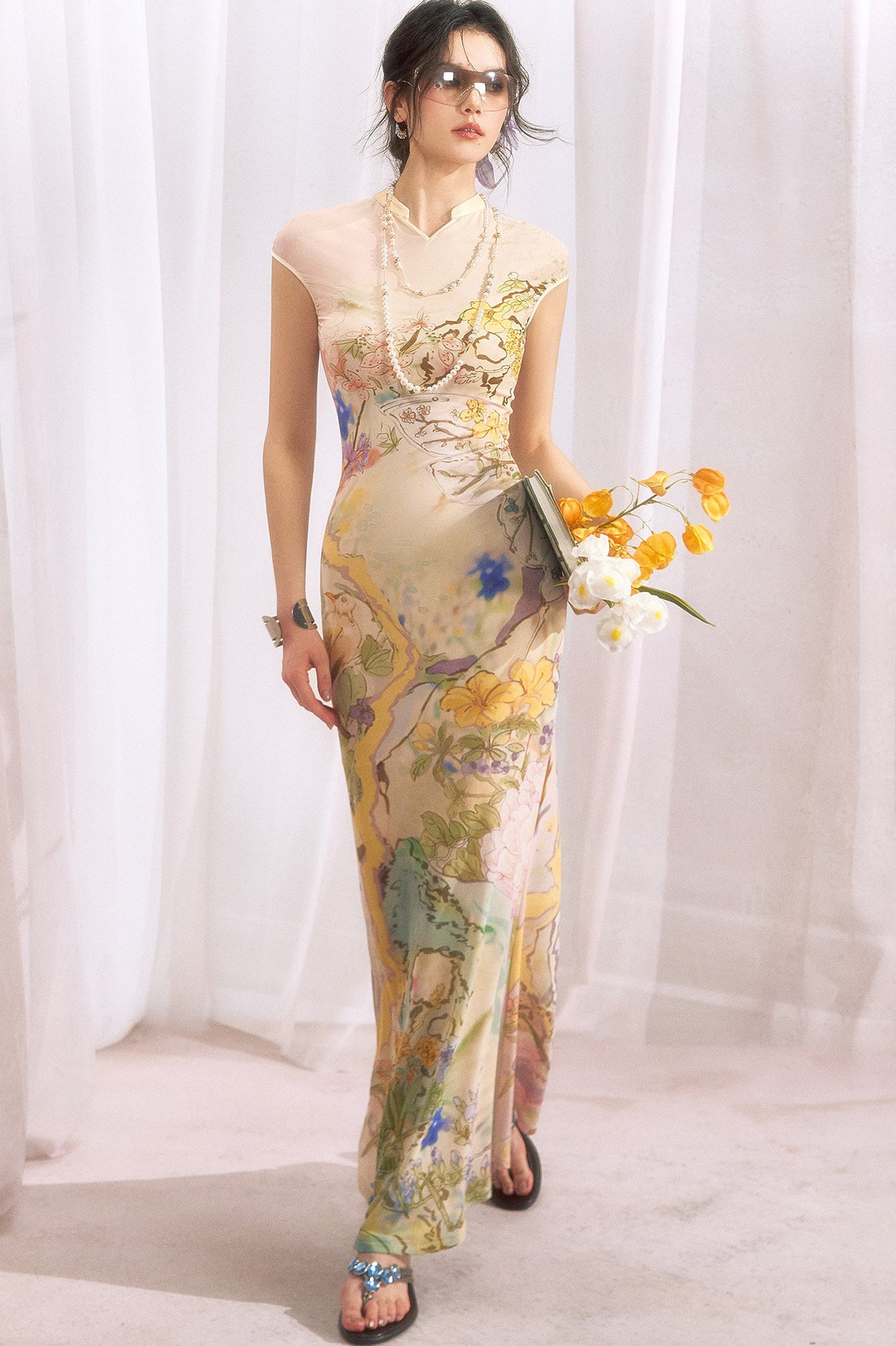 Floral Print Cheongsam Collar Camisole Dress