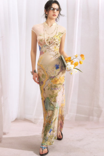Floral Print Cheongsam Collar Camisole Dress