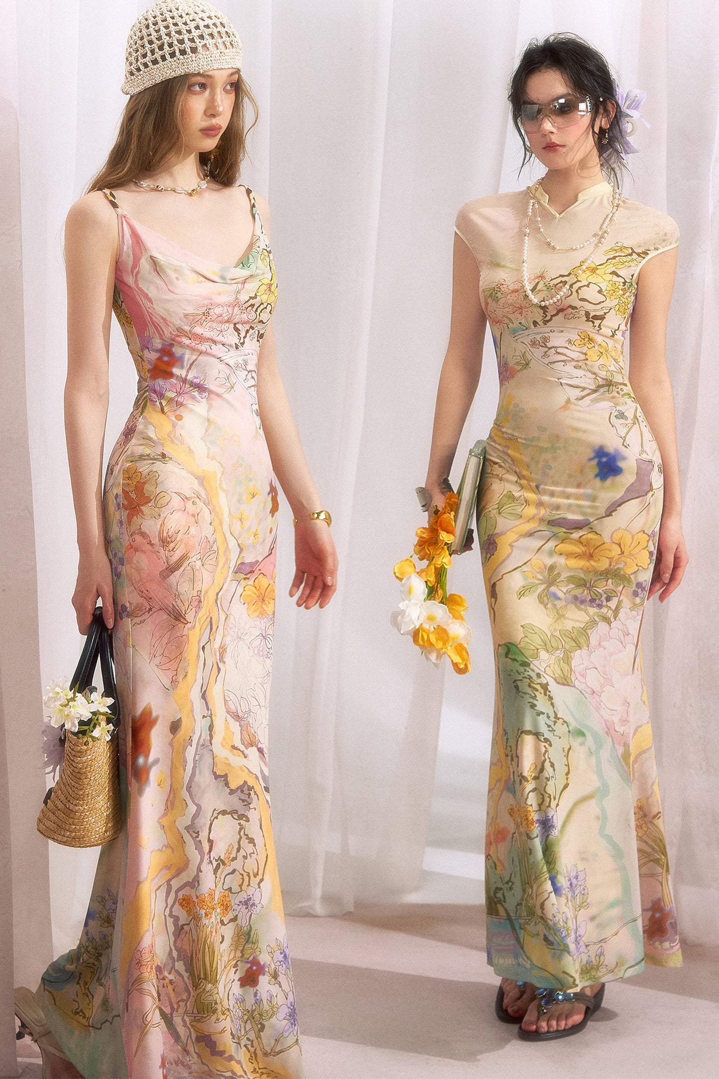 Floral Print Cheongsam Collar Camisole Dress