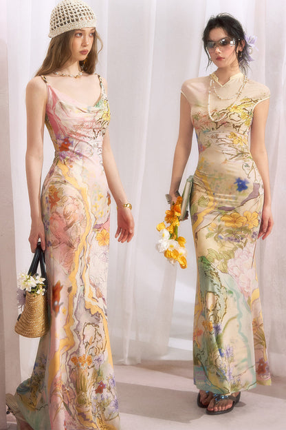 Floral Print Cheongsam Collar Camisole Dress