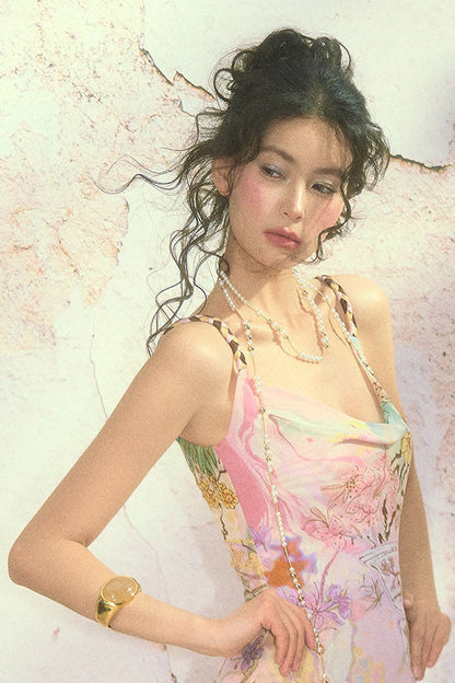 Floral Print Cheongsam Collar Camisole Dress
