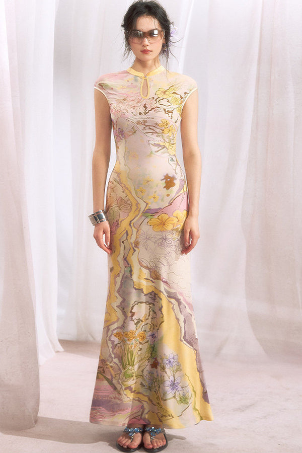 Floral Print Cheongsam Collar Camisole Dress