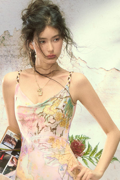 Floral Print Cheongsam Collar Camisole Dress