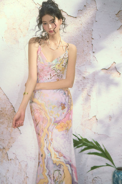 Floral Print Cheongsam Collar Camisole Dress