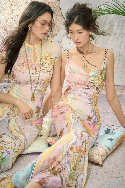 Floral Print Cheongsam Collar Camisole Dress