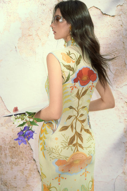 Poppy Print Silk High-Elastic Two-Piece Cheongsam Dress Set