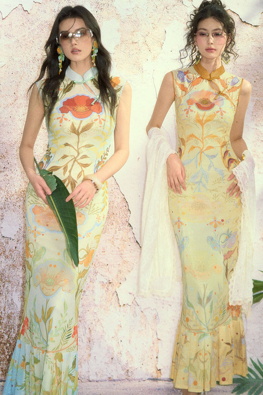 Cheongsam-Kleid-Set aus Seide mit Mohnblumen-Print, hochelastisch, zweiteilig