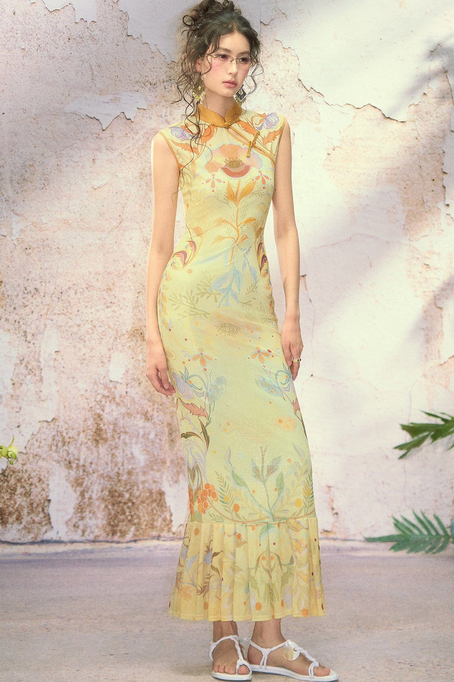 Poppy Print Silk High-Elastic Two-Piece Cheongsam Dress Set