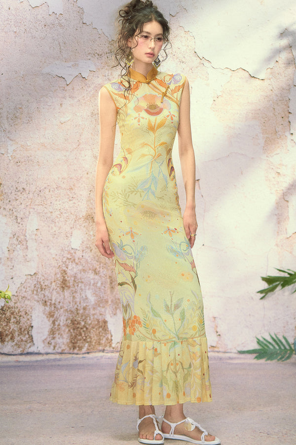 Poppy Print Silk High-Elastic Two-Piece Cheongsam Dress Set