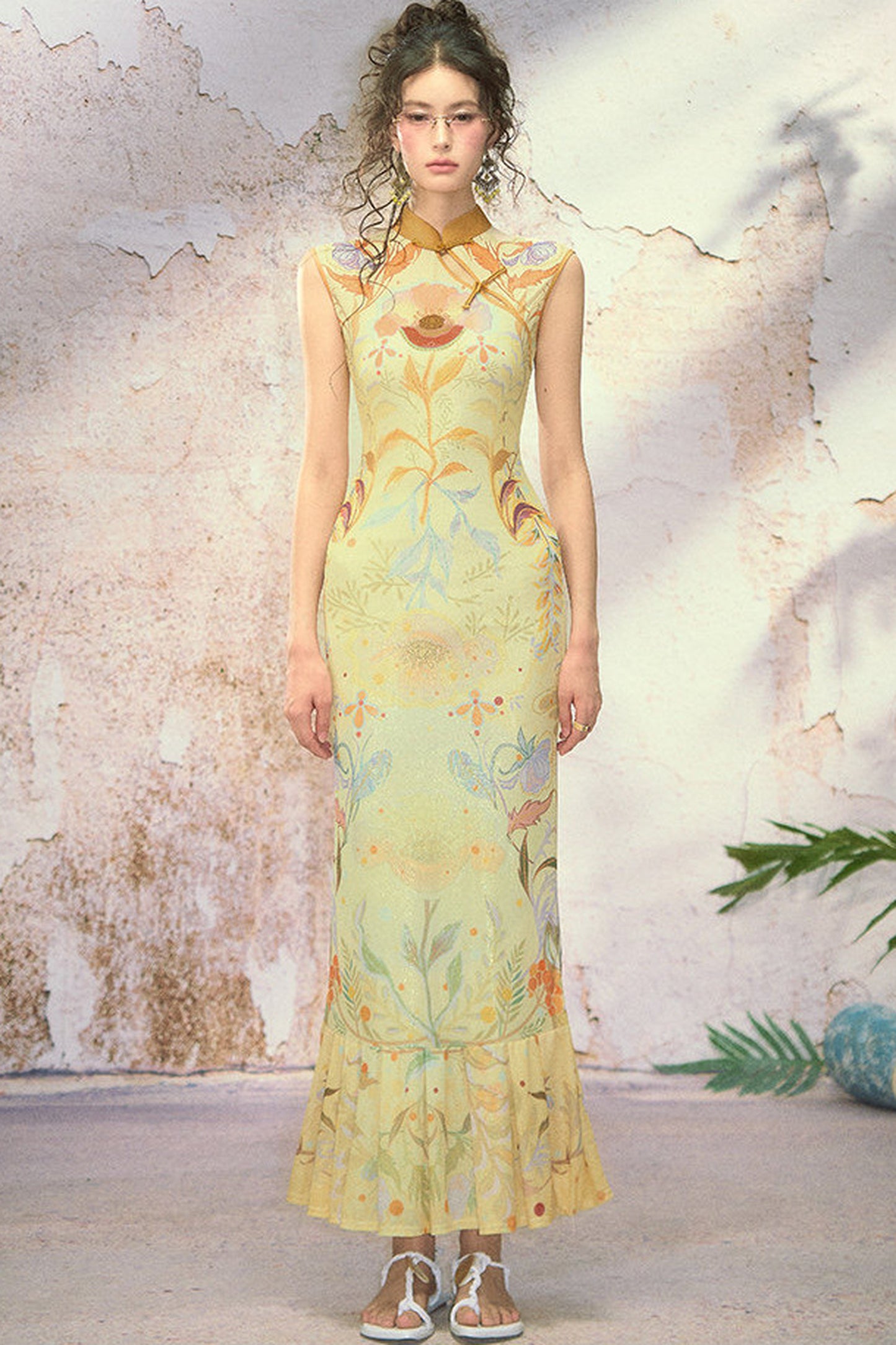 Poppy Print Silk High-Elastic Two-Piece Cheongsam Dress Set
