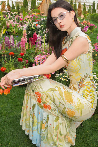 Poppy Print Silk High-Elastic Two-Piece Cheongsam Dress Set