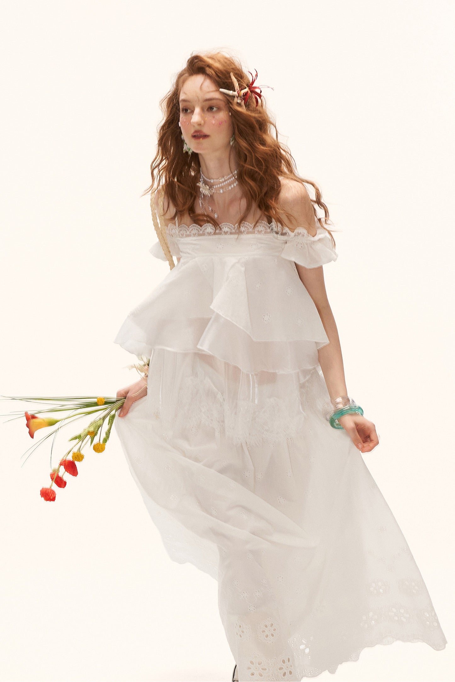 White Lace Ruffled Dress Set