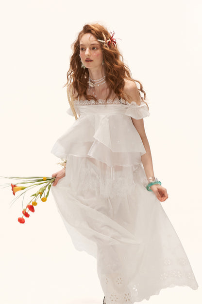 White Lace Ruffled Dress Set