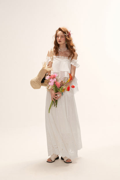 White Lace Ruffled Dress Set