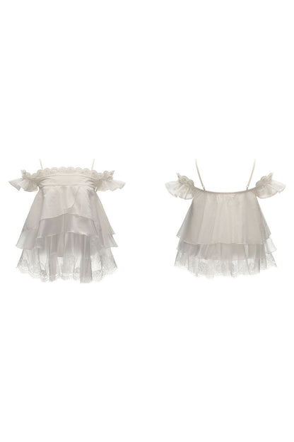 White Lace Ruffled Dress Set