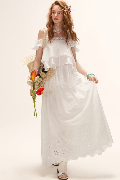 White Lace Ruffled Dress Set