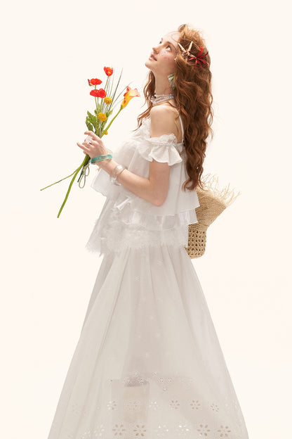 White Lace Ruffled Dress Set