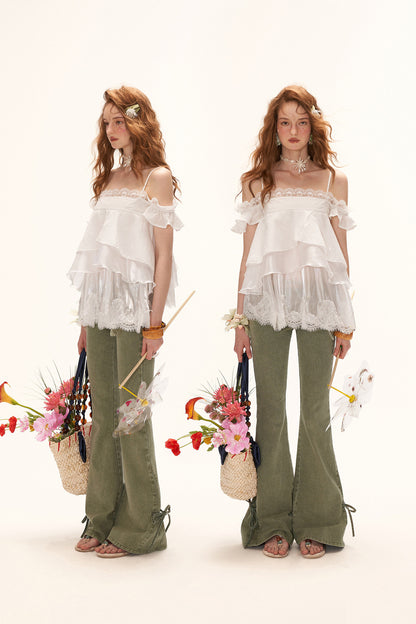 White Lace Ruffled Dress Set