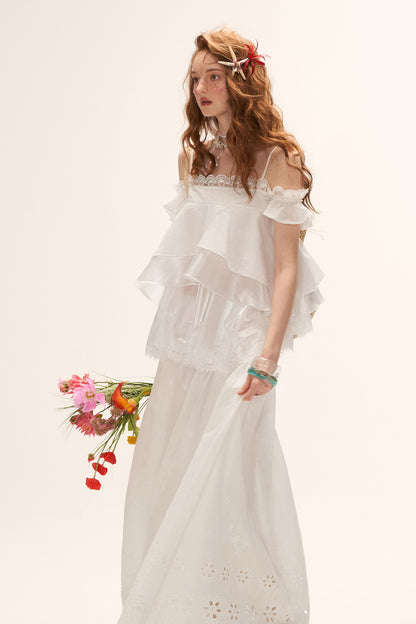 White Lace Ruffled Dress Set