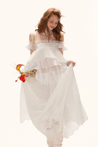 White Lace Ruffled Dress Set
