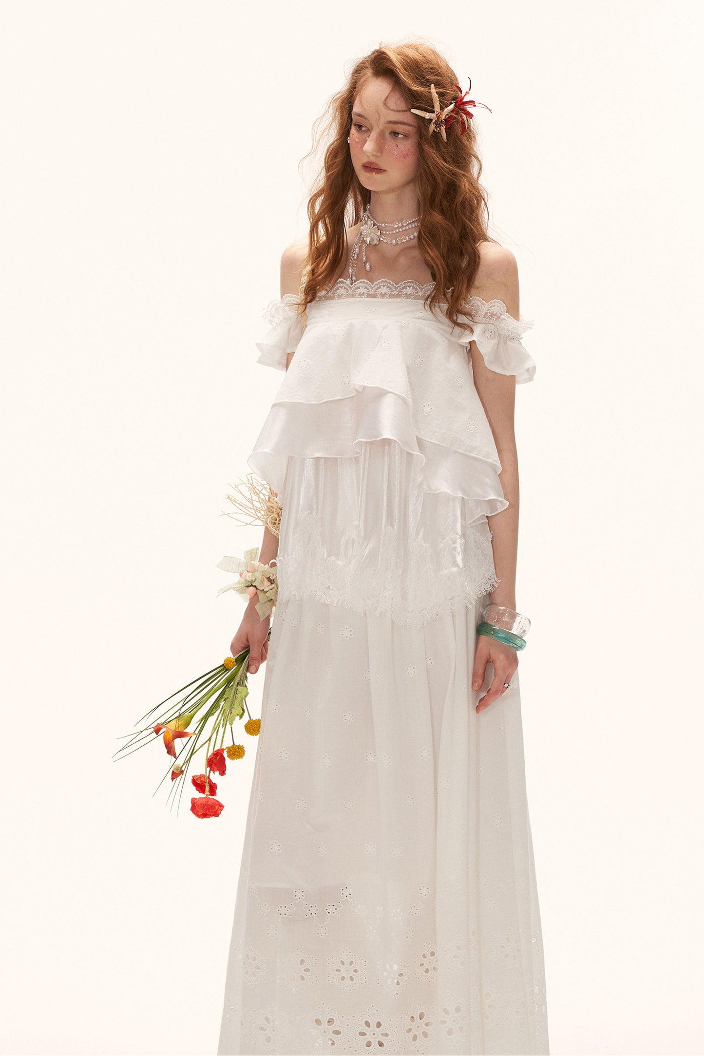 White Lace Ruffled Dress Set