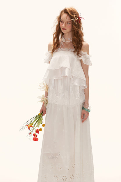 White Lace Ruffled Dress Set