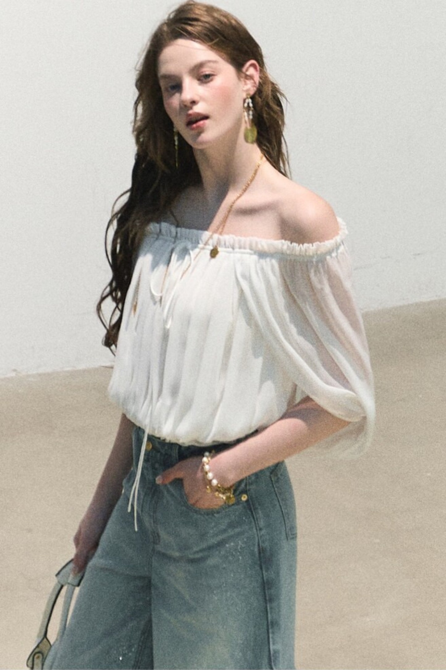 Airy Off-Shoulder Chiffon Blouse