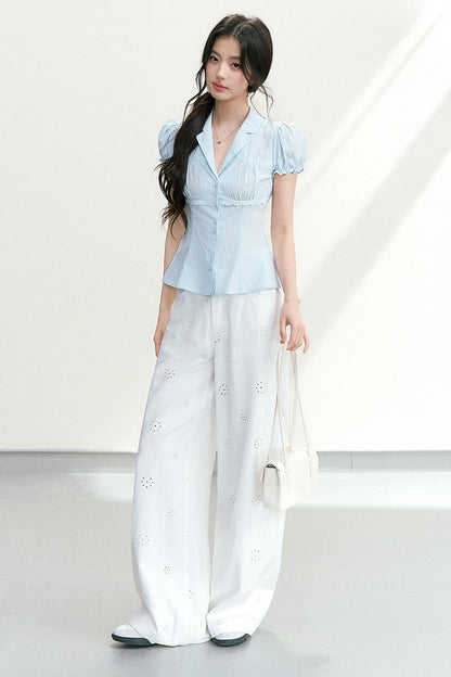 V-Neck Striped Waist-Cinching Short-Sleeved Shirt