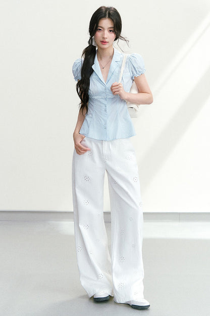 V-Neck Striped Waist-Cinching Short-Sleeved Shirt