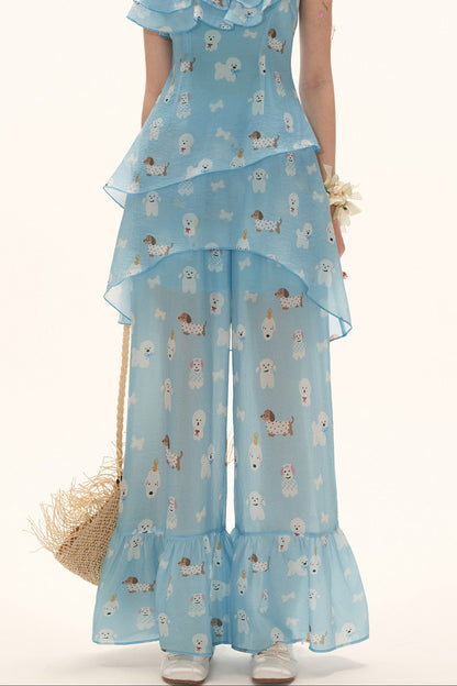 Puppy Print Ruffle Pants Set-Up