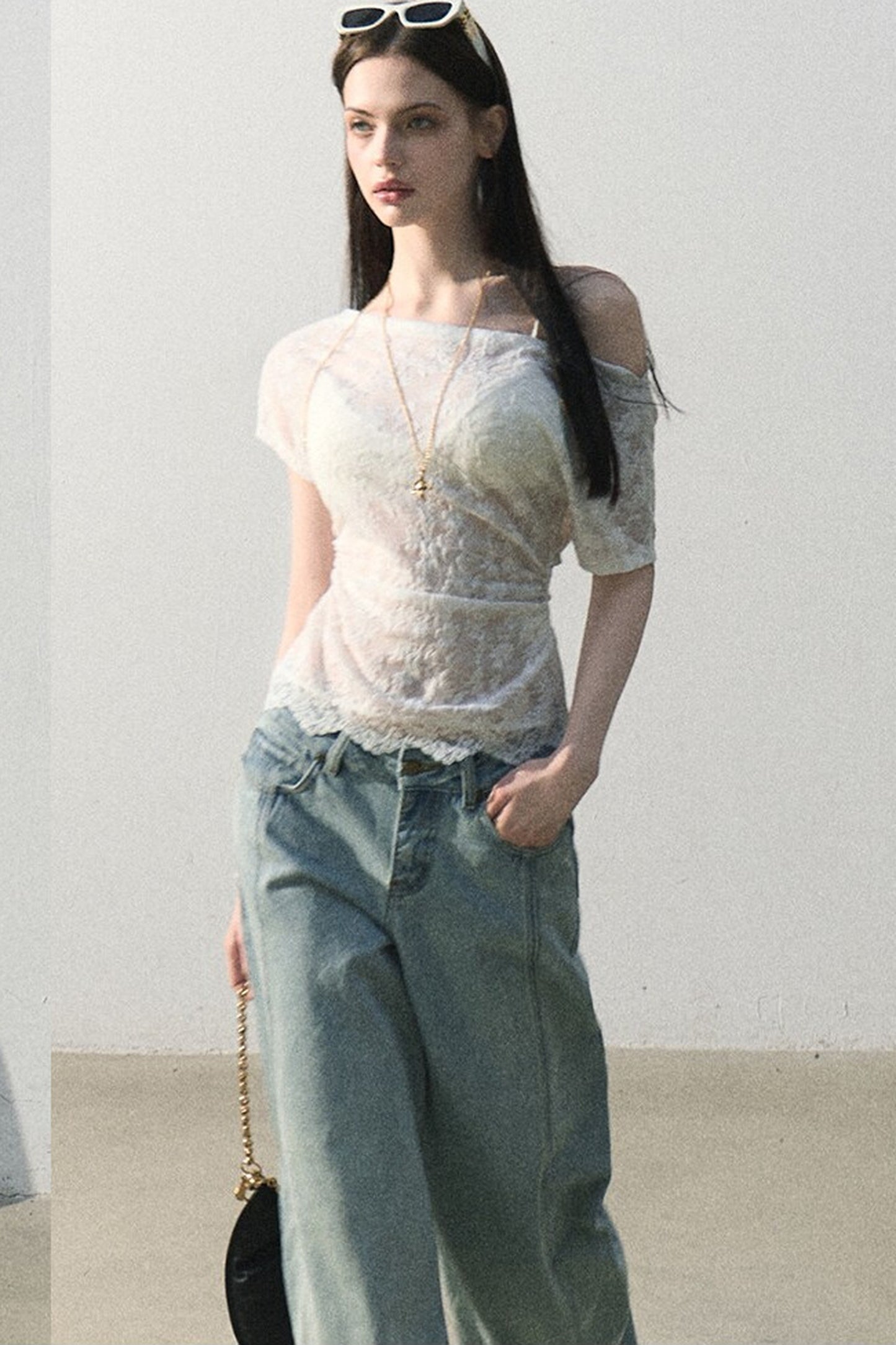 Pantaloni vintage in cotone effetto consumato a gamba larga