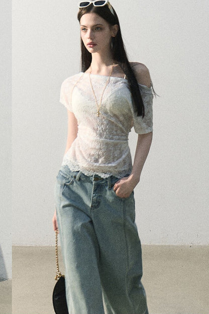 Pantaloni vintage in cotone effetto consumato a gamba larga