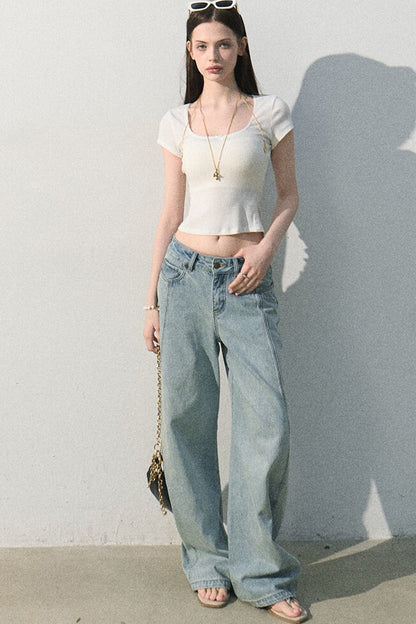 Pantaloni vintage in cotone effetto consumato a gamba larga
