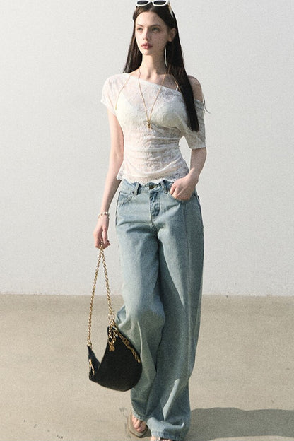 Pantaloni vintage in cotone effetto consumato a gamba larga