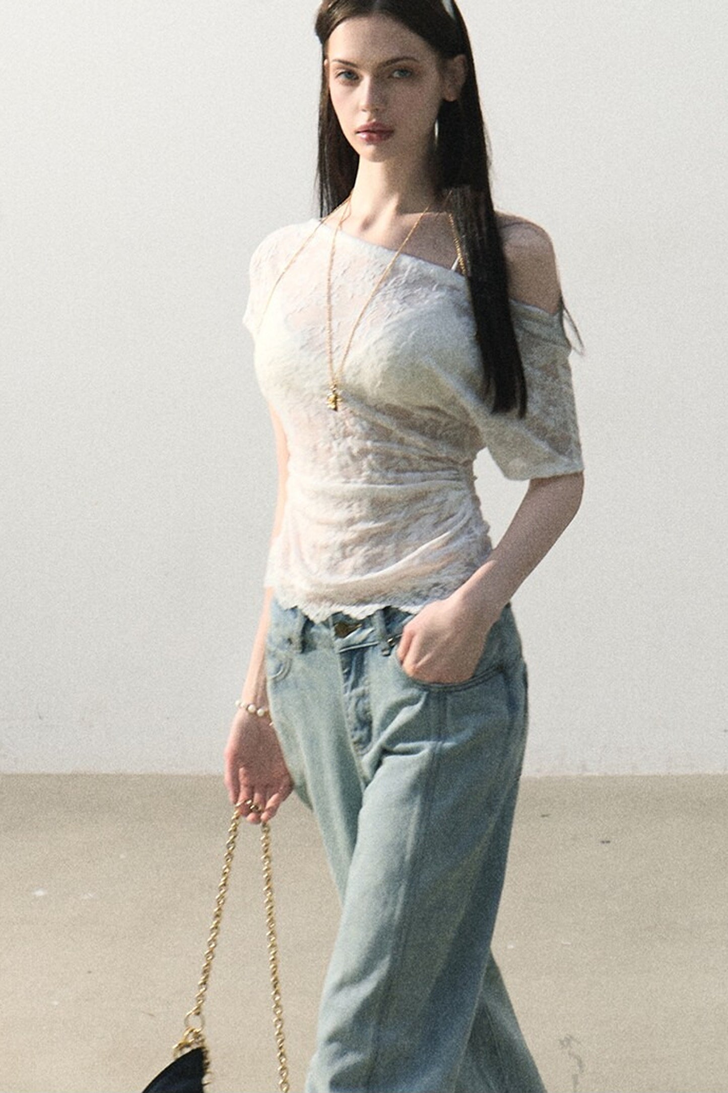 Pantaloni vintage in cotone effetto consumato a gamba larga