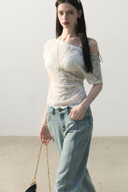Pantaloni vintage in cotone effetto consumato a gamba larga