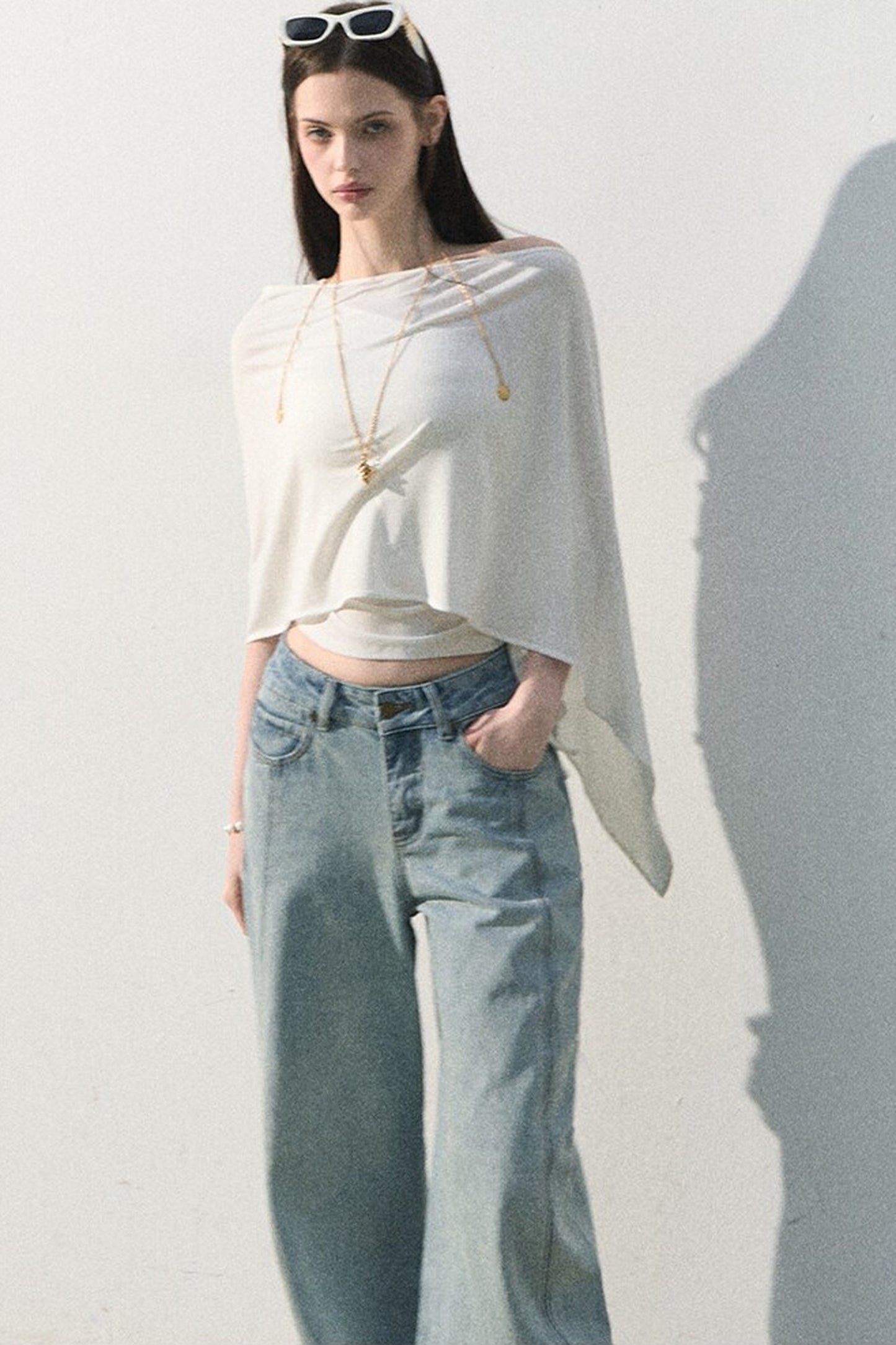 Pantaloni vintage in cotone effetto consumato a gamba larga