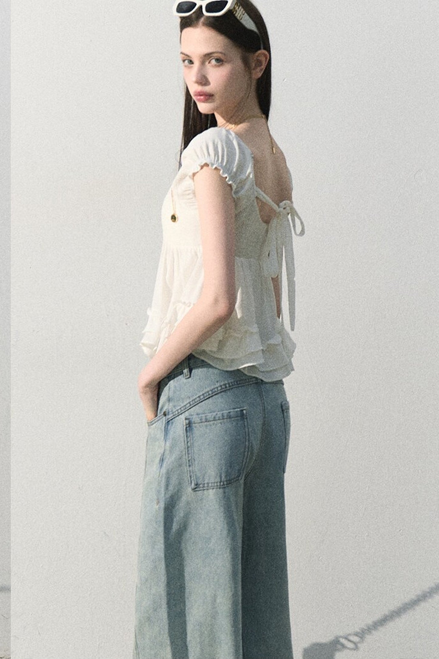 Pantaloni vintage in cotone effetto consumato a gamba larga