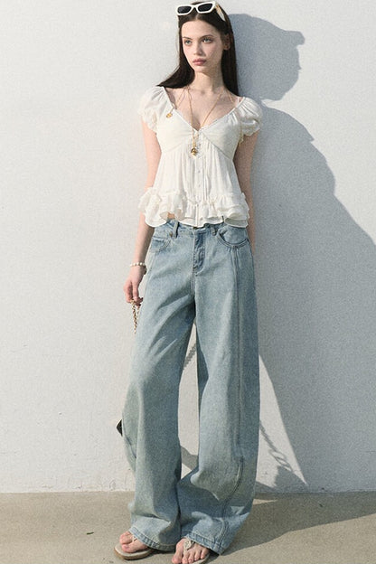 Pantaloni vintage in cotone effetto consumato a gamba larga