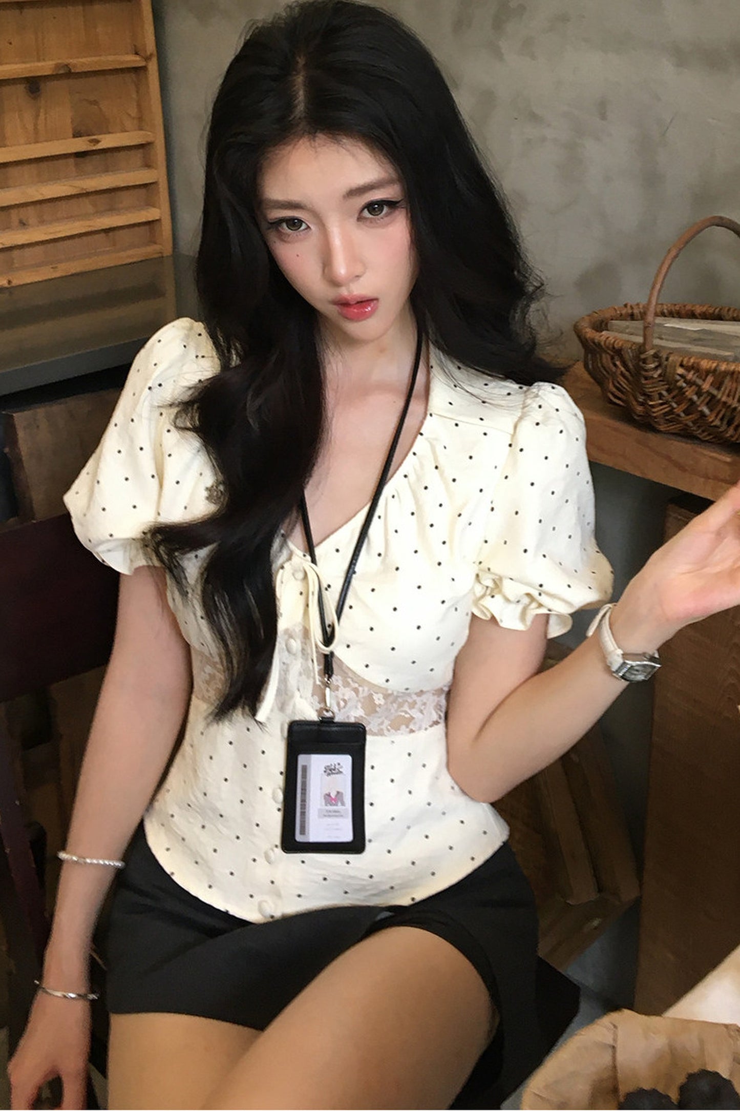 Polka Dot Lace Puff Top