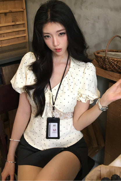 Polka Dot Lace Puff Top