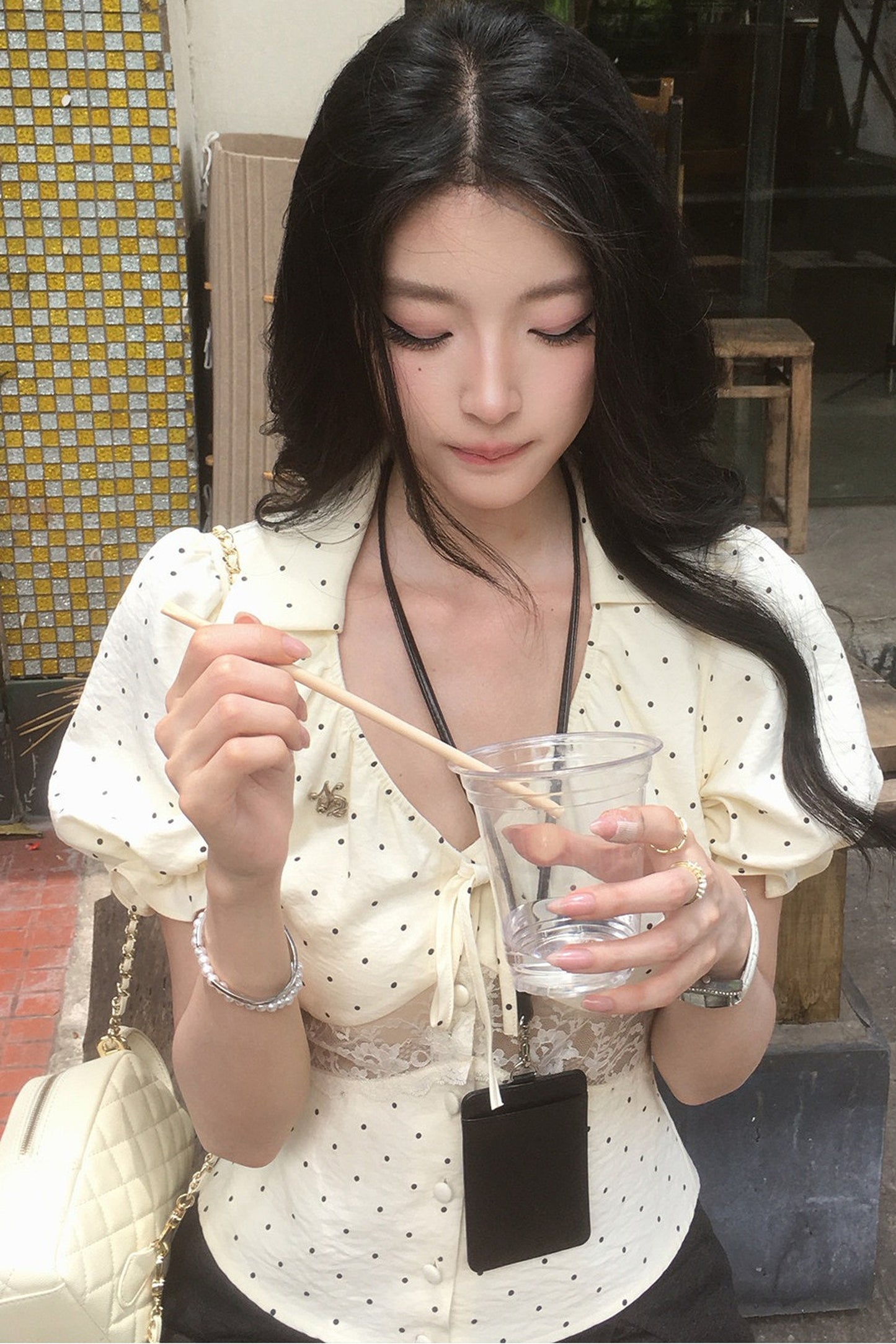 Polka Dot Lace V-Neck Blouse