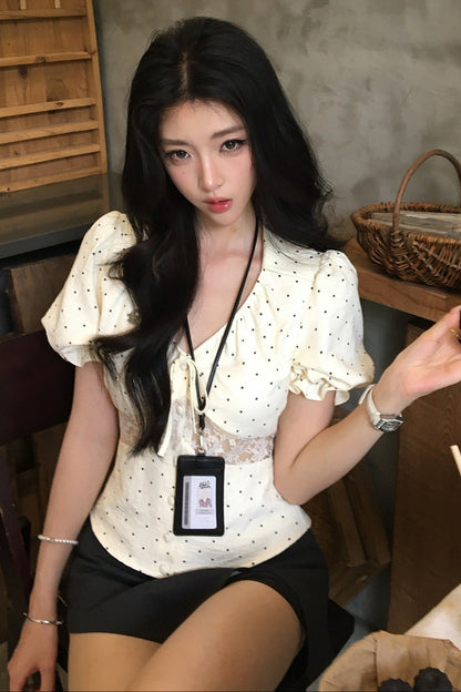 Polka Dot Lace V-Neck Blouse