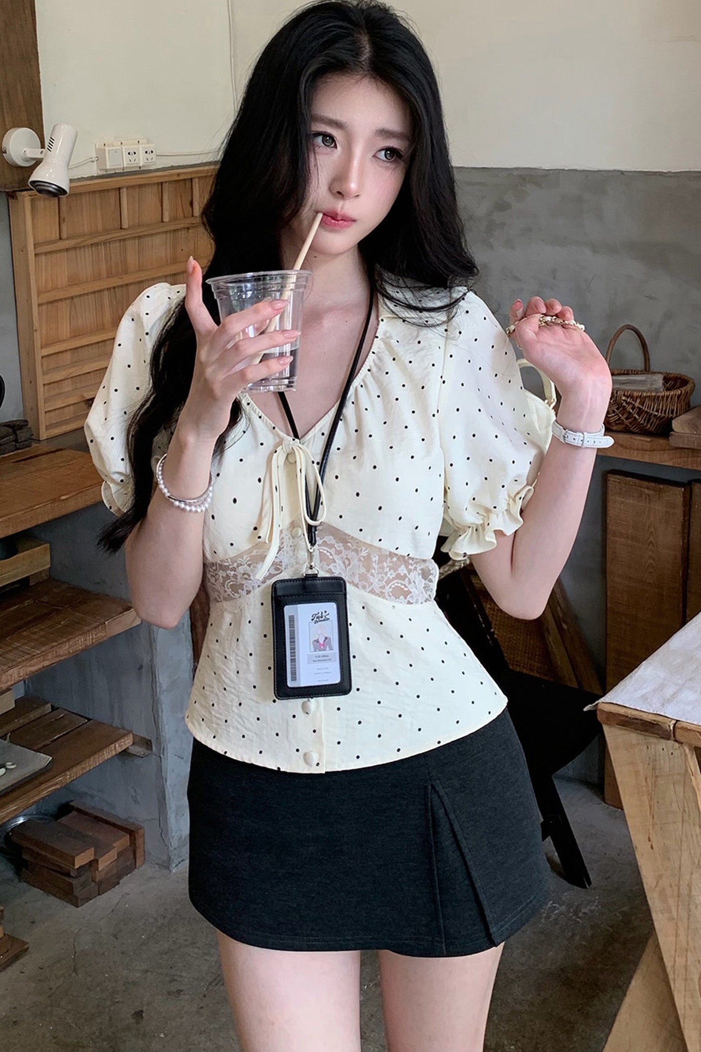 Polka Dot Lace V-Neck Blouse