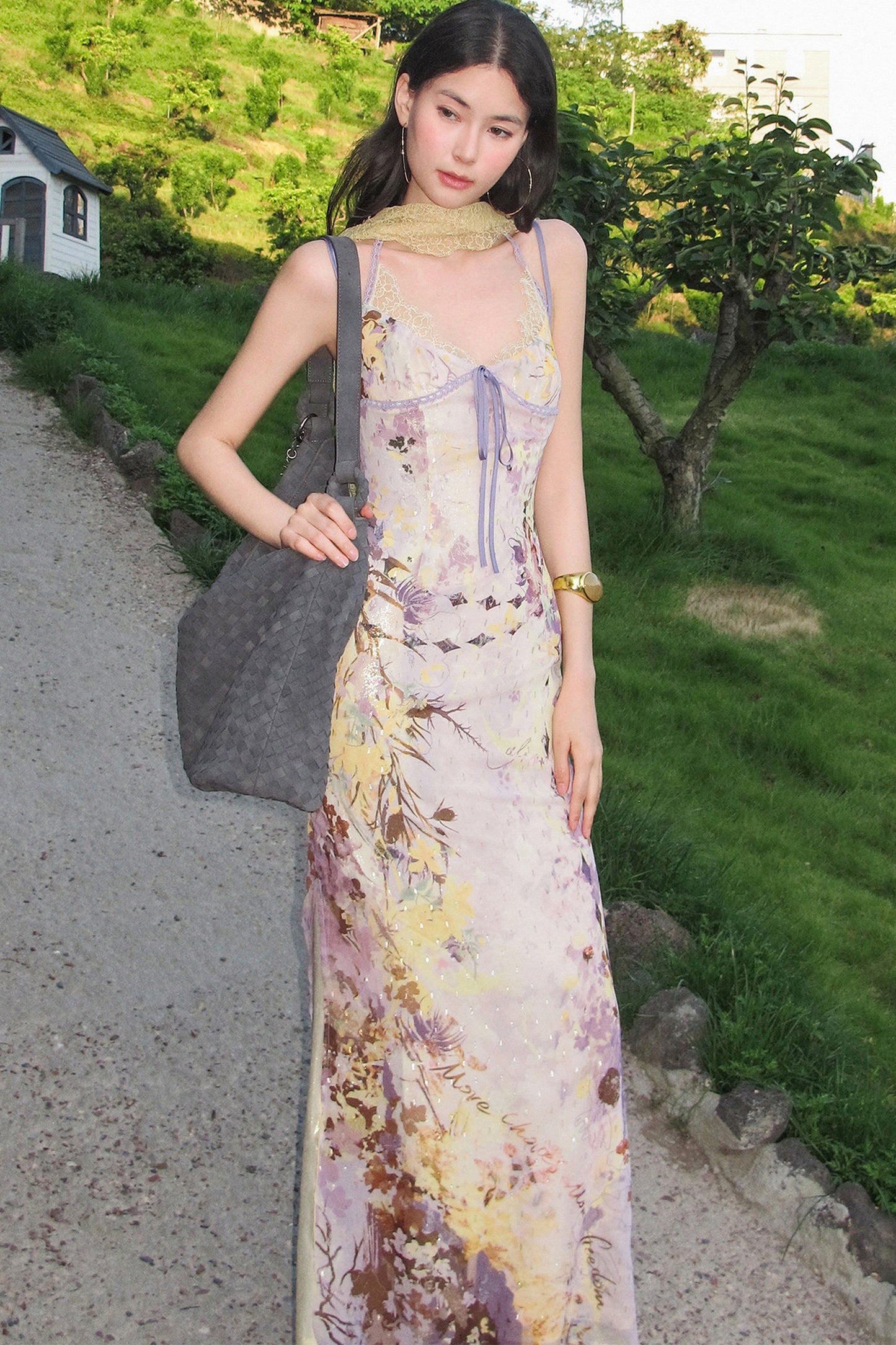 French Oil Painting Floral Spaghetti Strap Long Dress