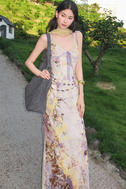 French Oil Painting Floral Spaghetti Strap Long Dress